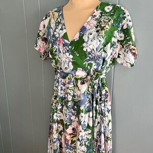 Floral Wrap Midi Dress‎ Green Short Sleeve V-Neck Boho Garden Party Casual Small